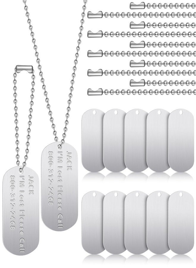 Romooa 20 Pieces Military Dog Tags Set Including 10 Stainless Steel Army Blank Dog Tags 10 Steel Chains Personalized Pet Oval Pendant Necklaces for Stamping Engraving DIY Halloween Craft(Silver) - Image 1
